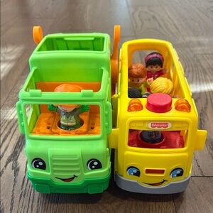 Fisher-Price Smiling Green Dump Truck and Yellow School Toy Vehicles Interactive